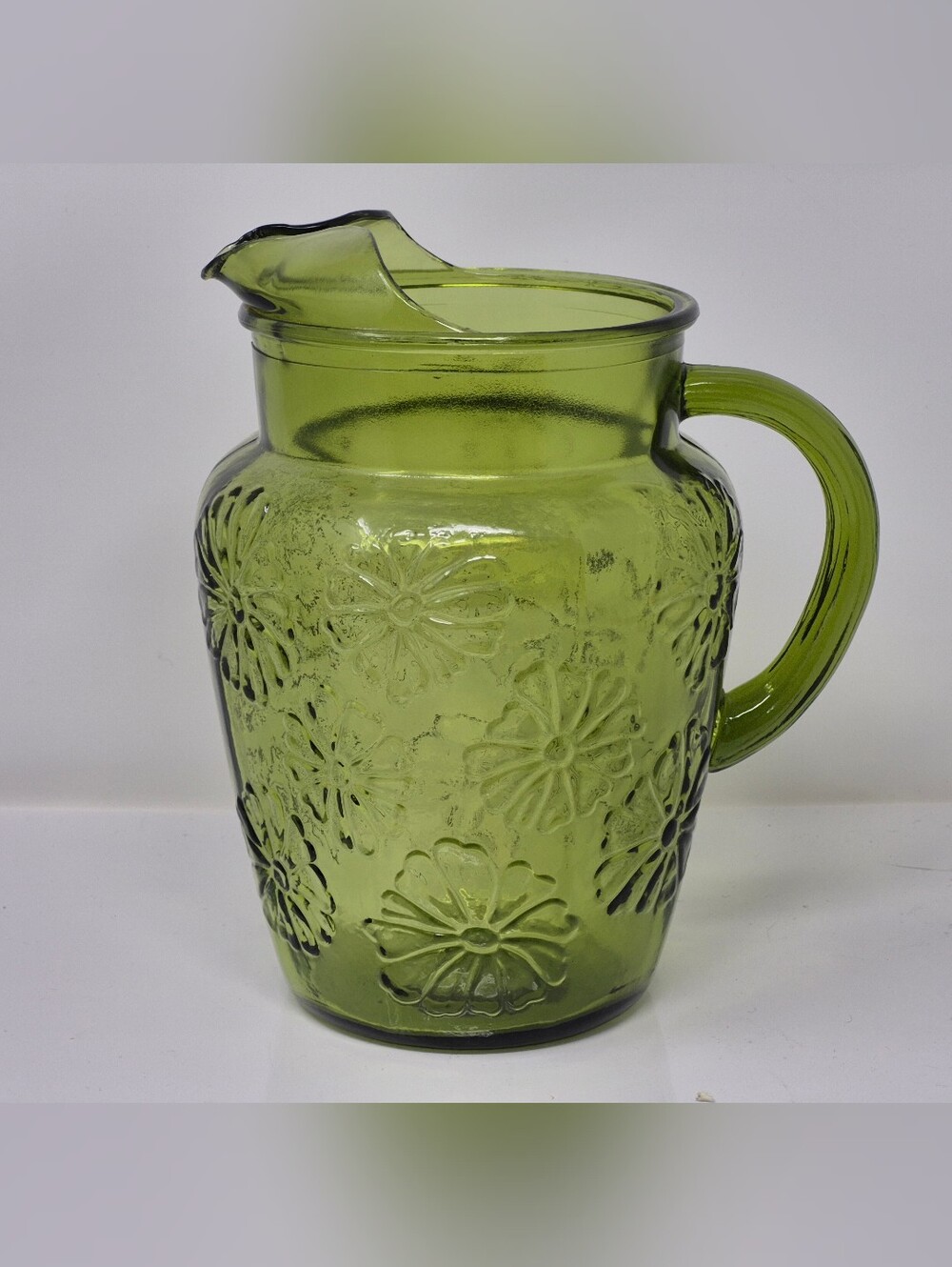 Anchor Hocking Green Glass Pitcher Spring Song Daisy Pattern Vintage 1960s